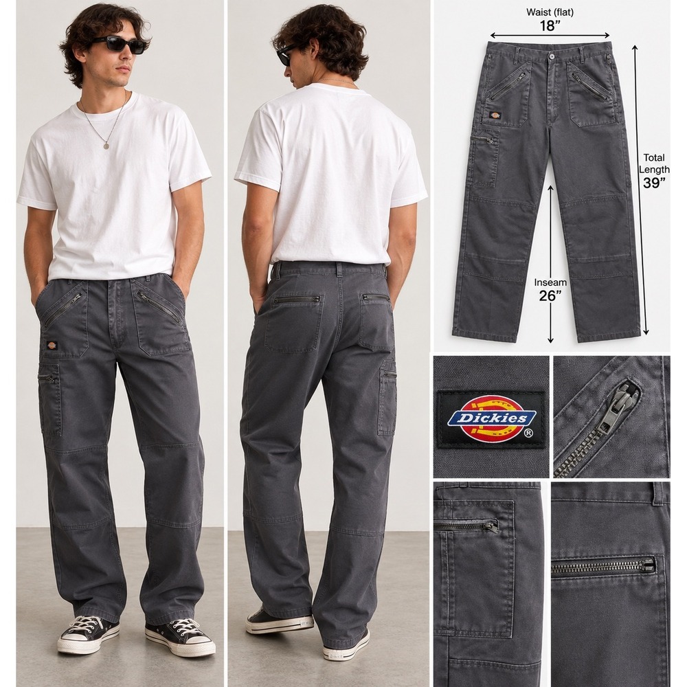 Dickies Y2K Cargo Pants 36/26 Gray Multi Zip Utility Skater Workwear Archive